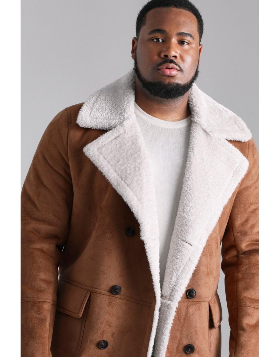 Plus Borg Lined Double Breasted Overcoat - tan - 3