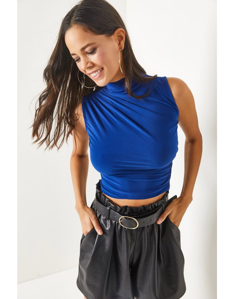 Women's Saxon Blue Stand-Up Collar Smocking Detailed Crop Top