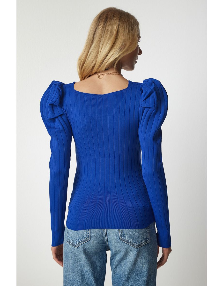 Blue Knitted Square Neck Blouse - 4