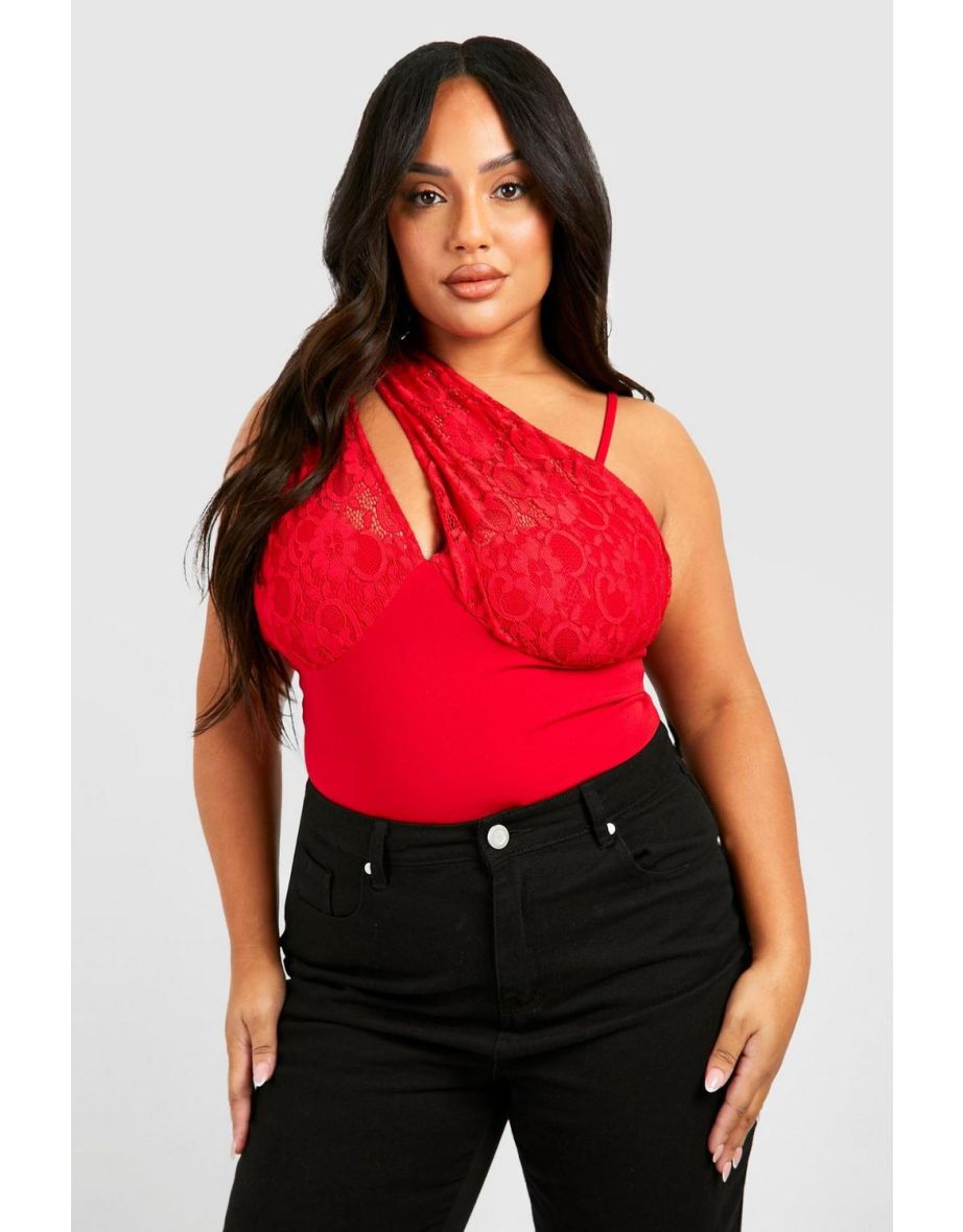 Plus Keyhole Lace One Shoulder Bodysuit - red