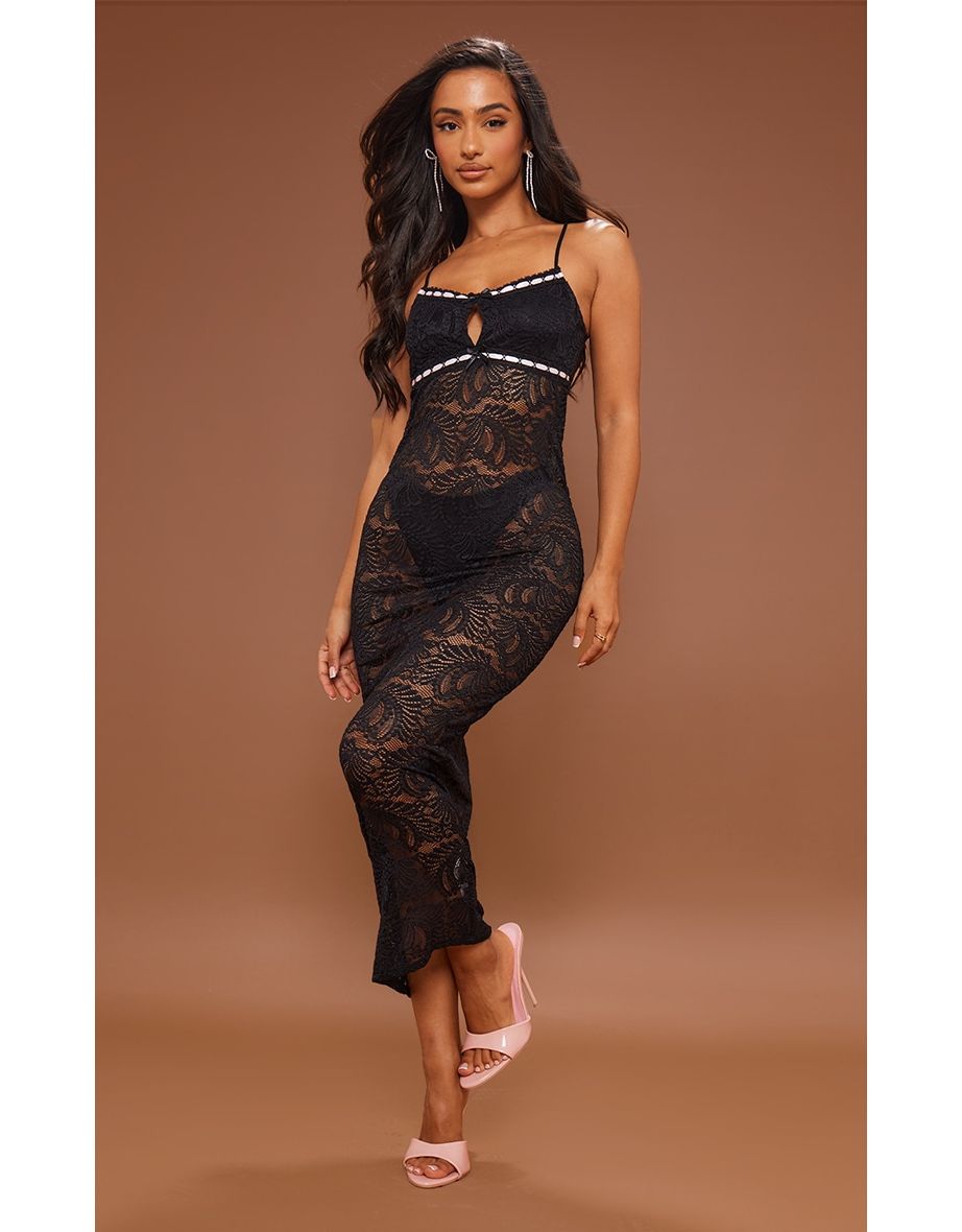 Shop Petite Black Contrast Stitch Lace Maxi Dress Online in Jordan VogaCloset