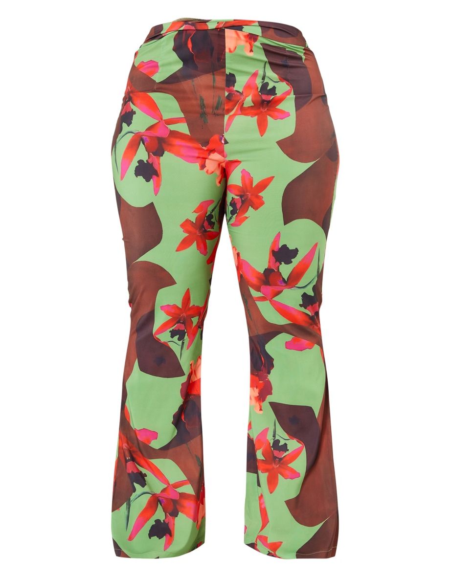 Plus Pink Floral Print Chiffon Flare Trousers - 4
