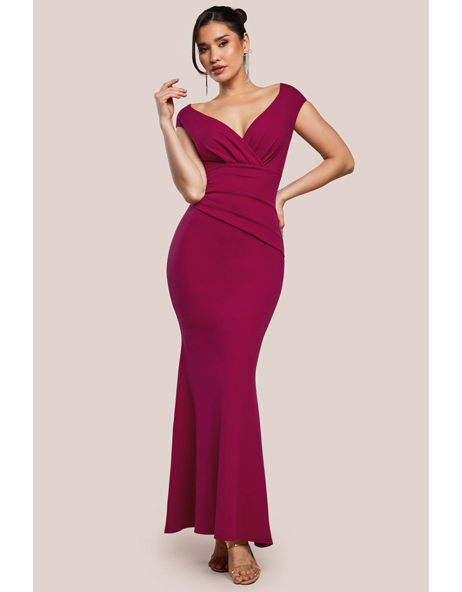 Goddiva Bardot Pleated Maxi Dress - Burgundy