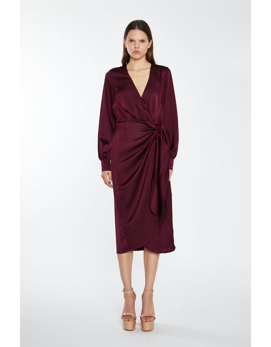 Burgundy satin long sleeve wrap dress top