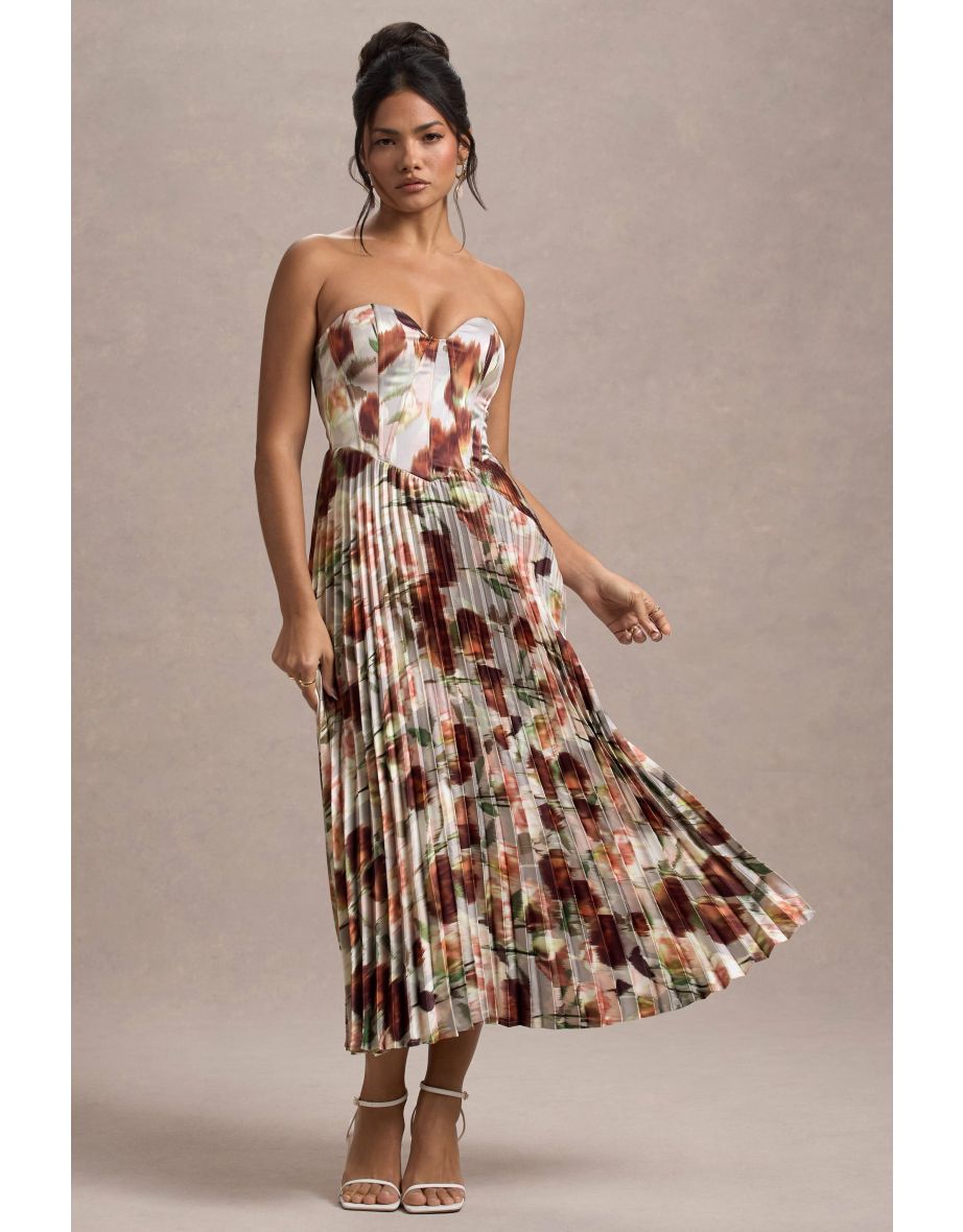 Bordeaux | Cream Floral Print Satin Corset Style Midaxi Dress