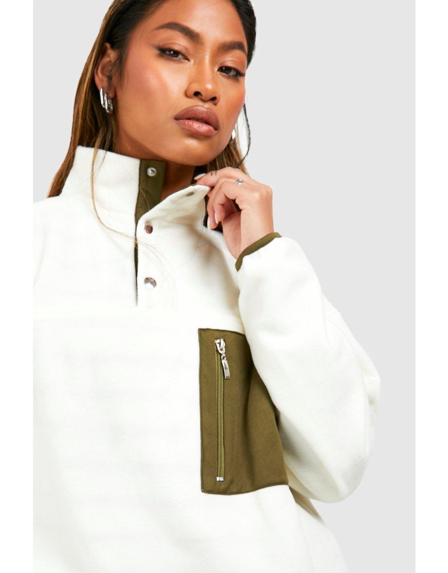 Polar Fleece Pocket Detail Half Zip Oversized Sweatshirt - cream - 3