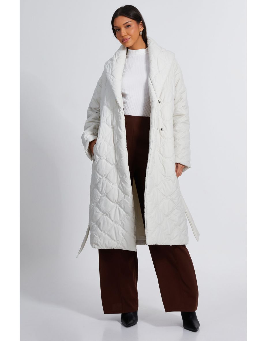 Cream Quilted Long Line Coat