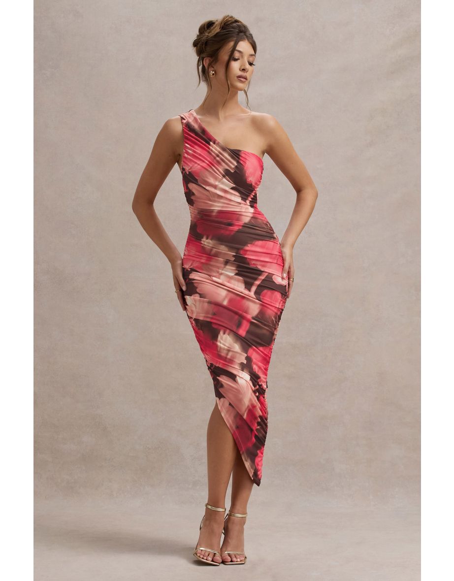Shop Dorit Red Floral Print One Shoulder Asymmetric Ruched Midaxi Dress Online in Qatar VogaCloset