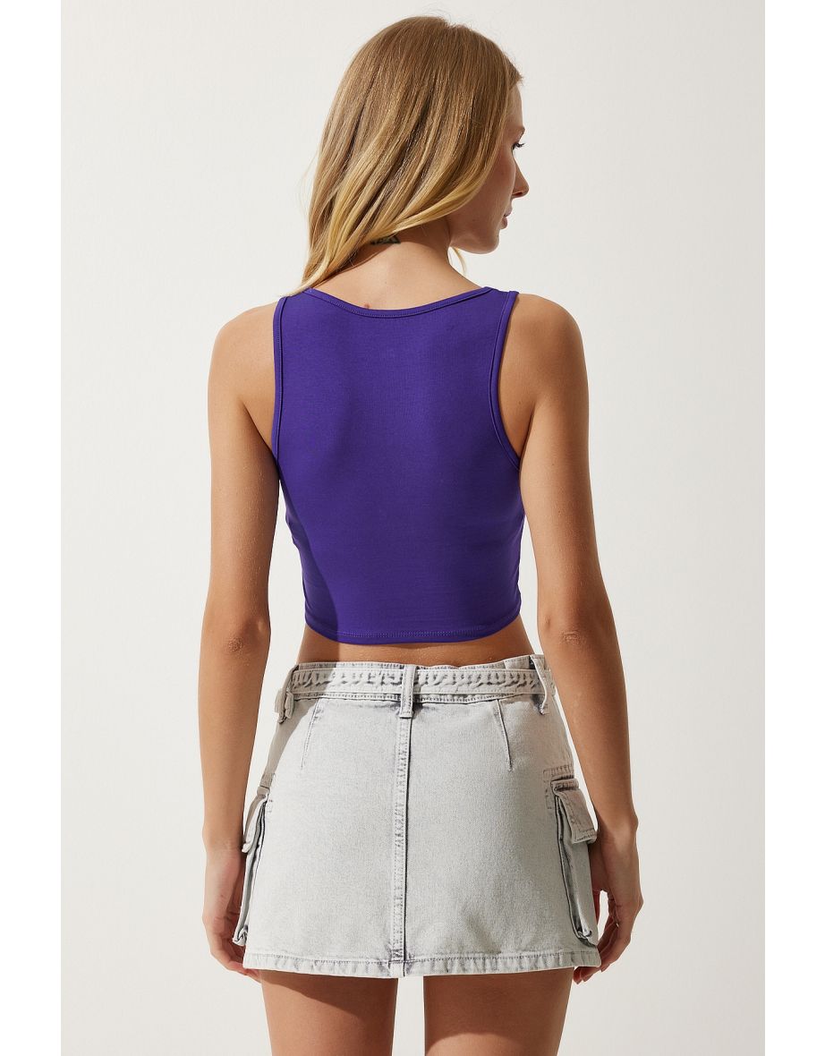 Women's Purple Strap Crop Knitted Blouse - 5