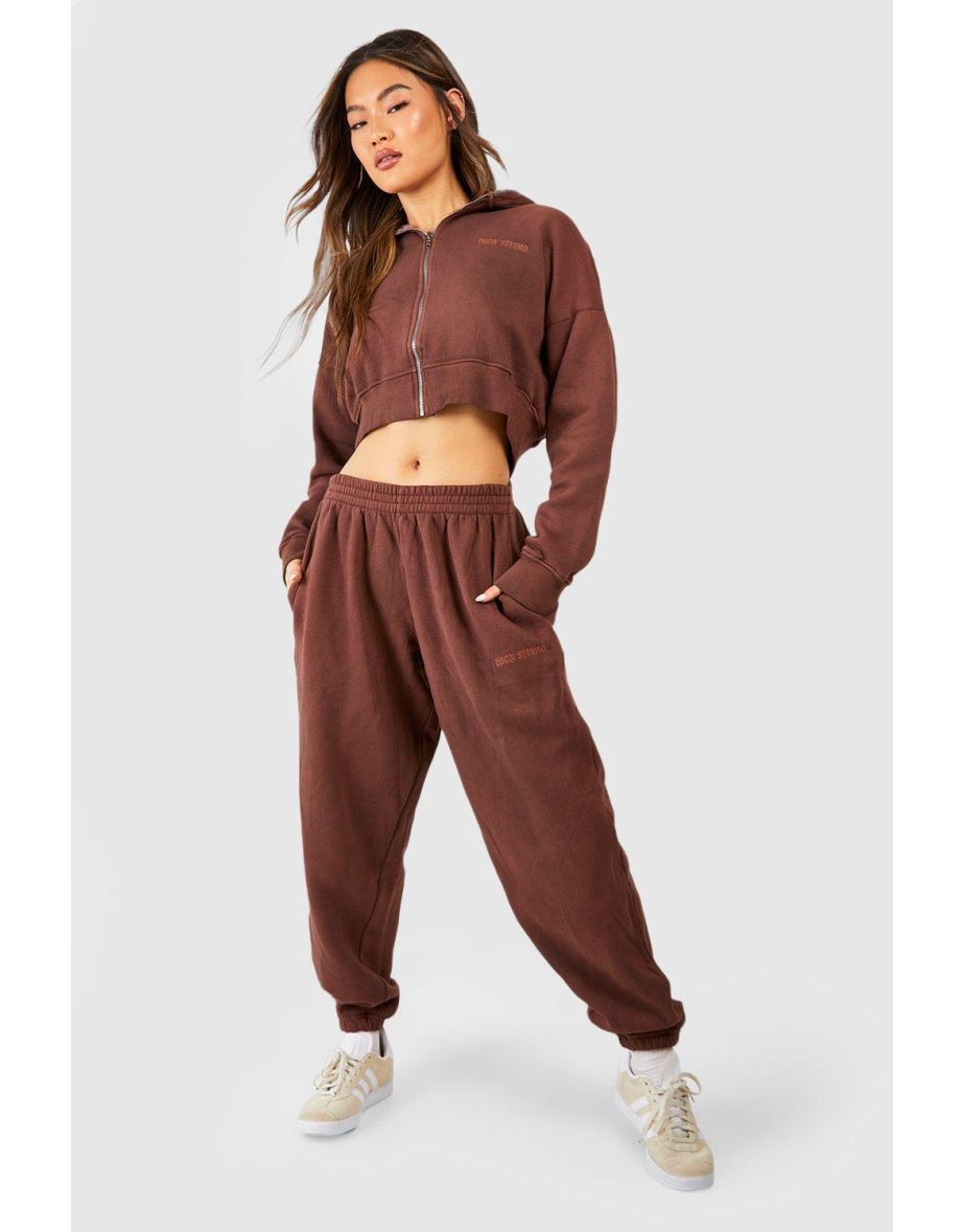 Overdyed Cropped Zip Through Hooded Tracksuit - chocolate