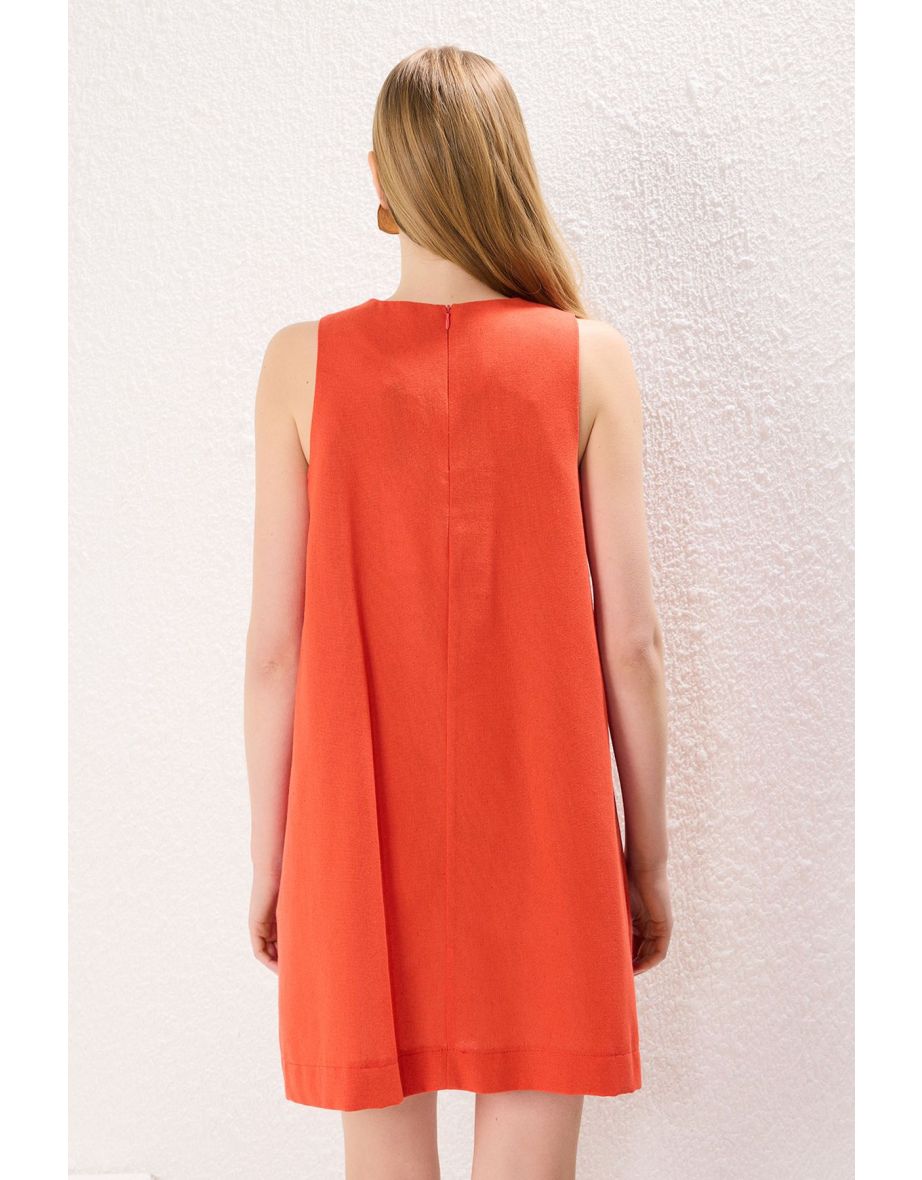 Red Plain Mini Woven Dress - 3