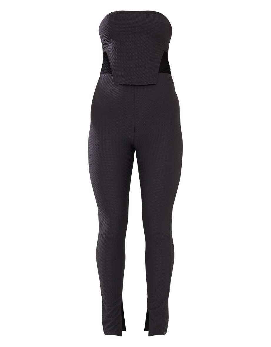 Black Textured Waffle Cut Out Bandeau Jumpsuit - 4