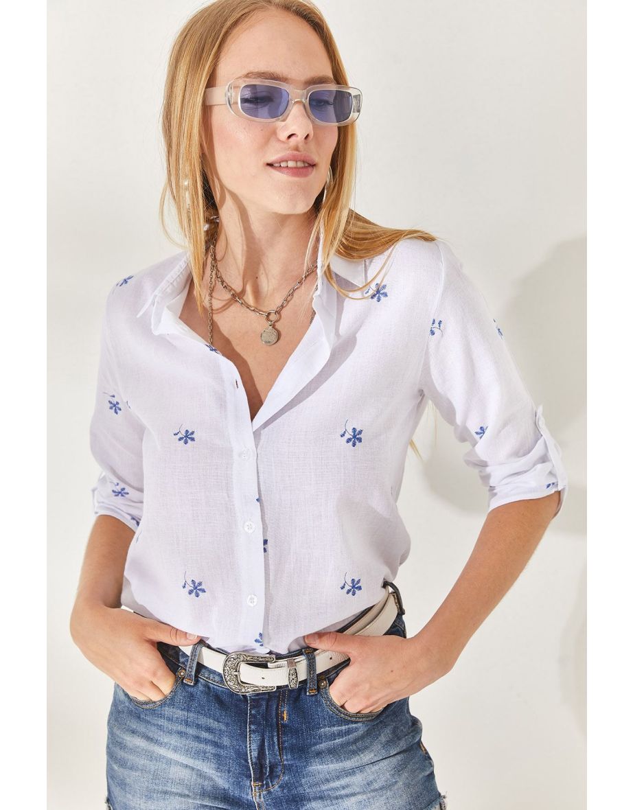 Tiny Ecru Navy Blue Fold-Over Sleeves Linen Shirt - 5
