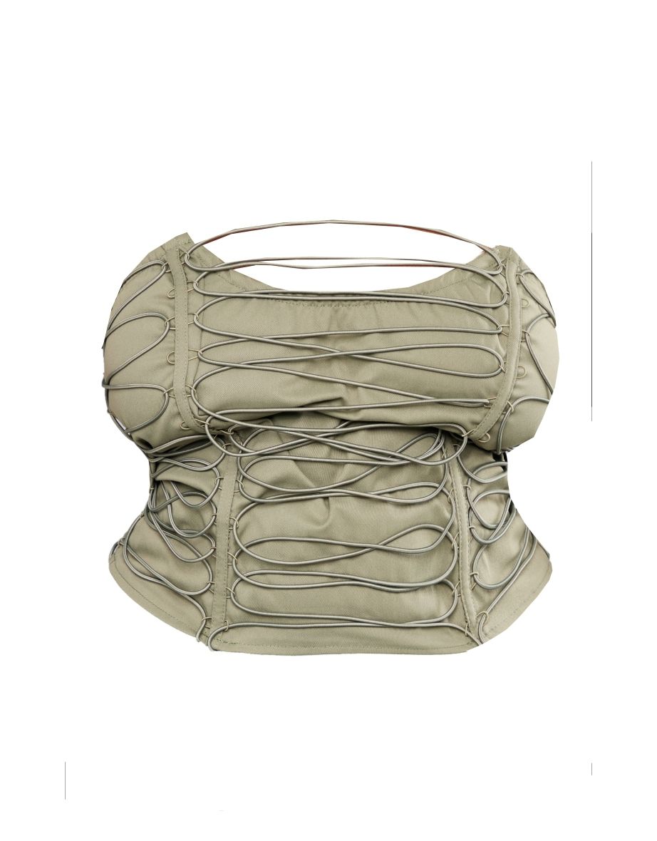 Plus Khaki Elastic Lace Up Corset Top - 4
