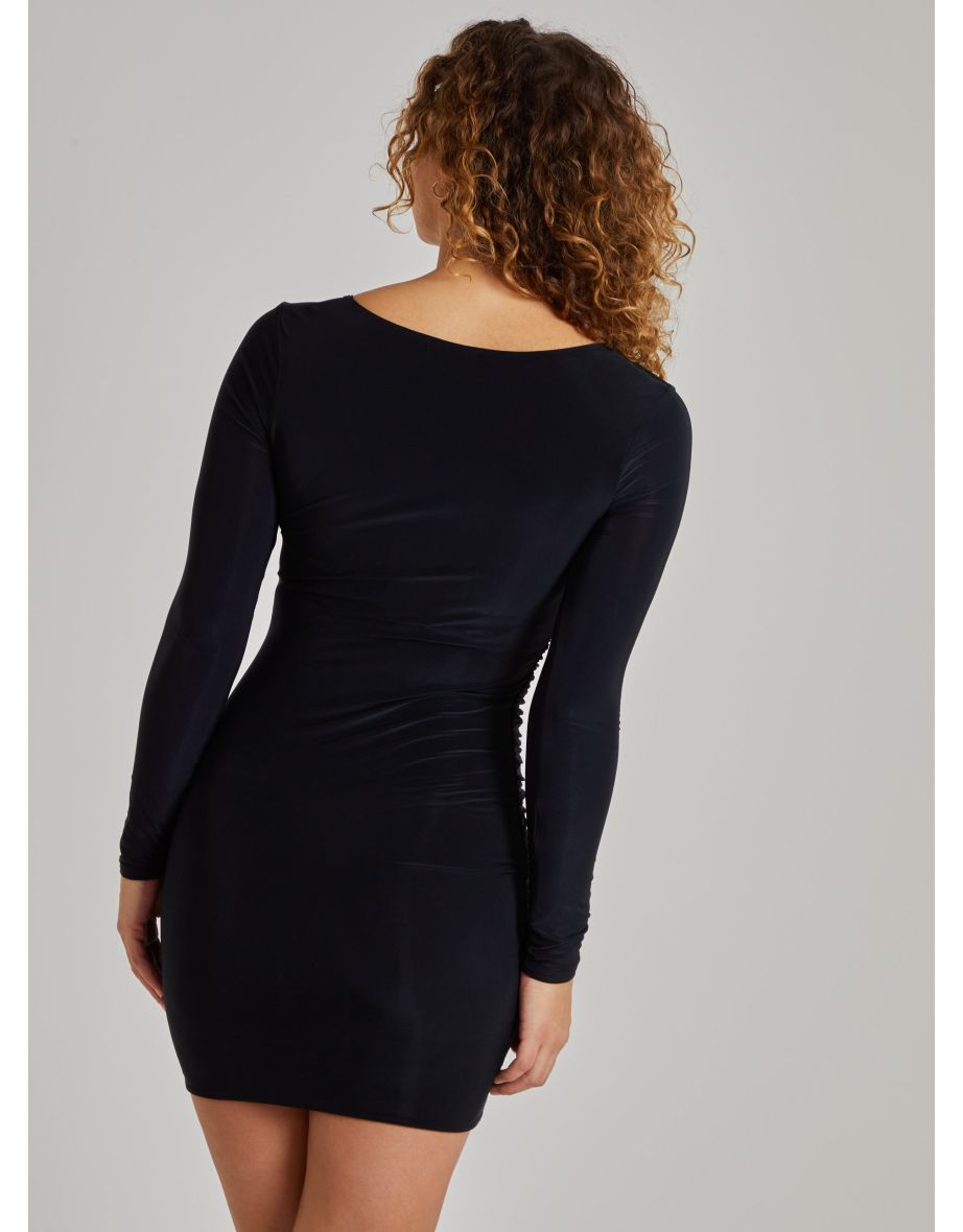 Square Neck Long Sleeve Gathered Mini Dress - 3
