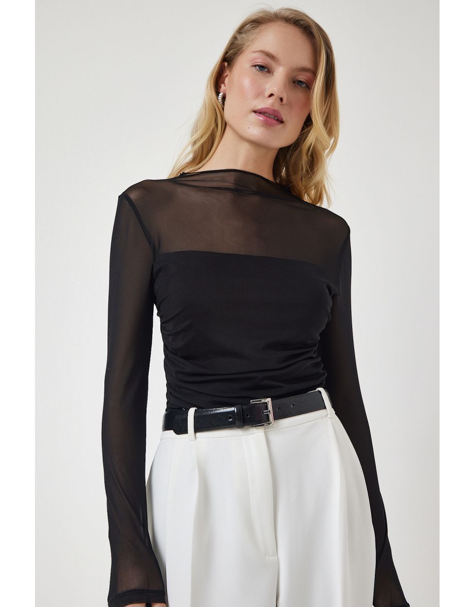 Women's Black Gathered Detailed Sheer Chiffon Blouse