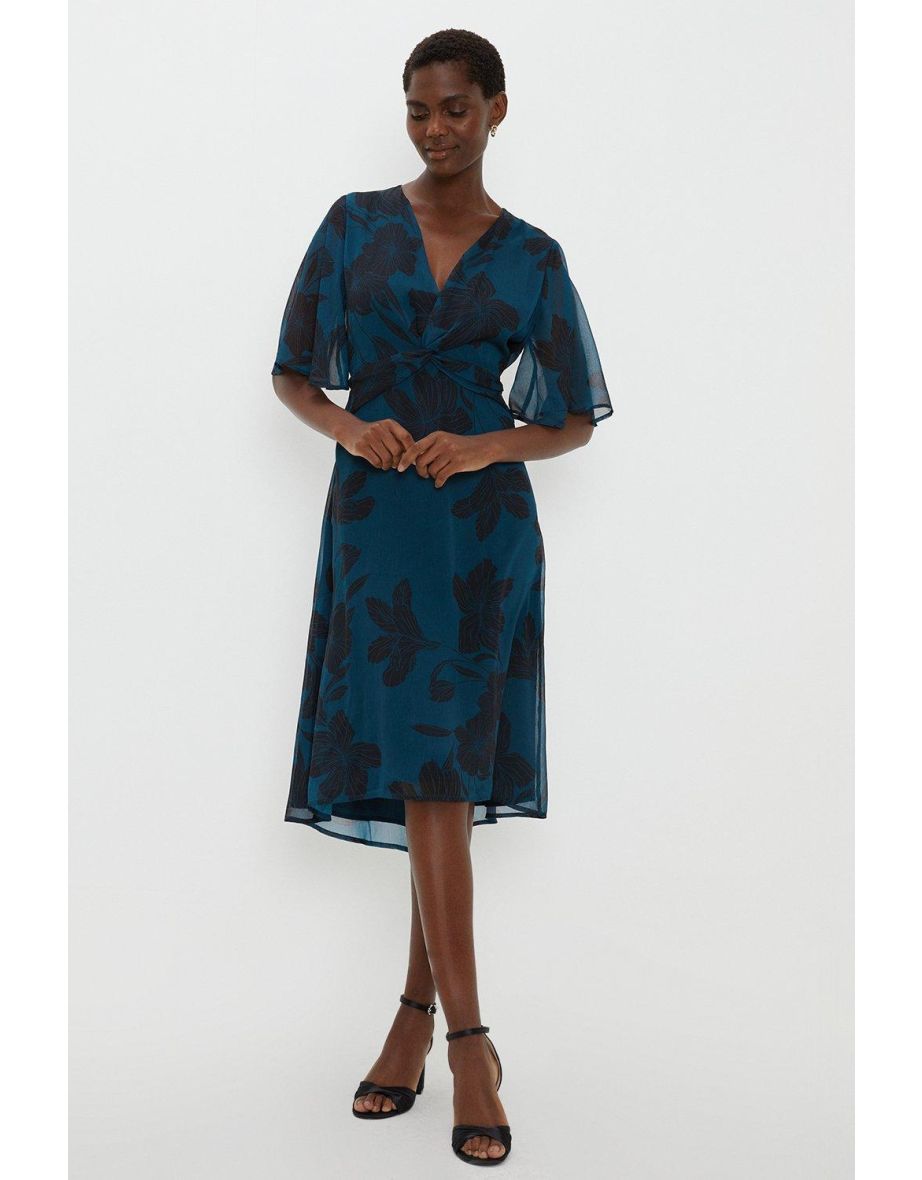 Shop Teal Floral Twist Front Hi Lo Midi Dress Online in Bahrain VogaCloset
