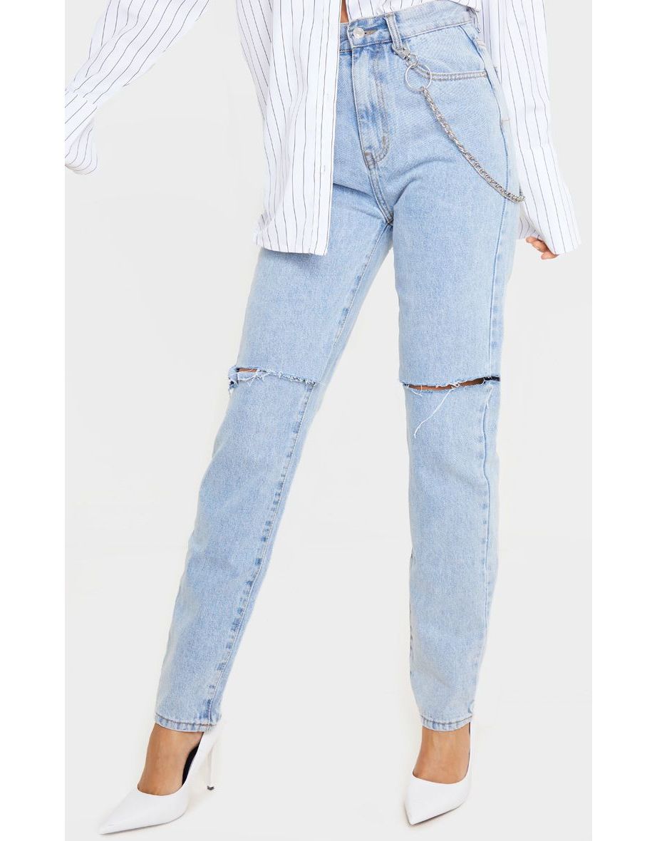 Light Blue Wash Slash Knee Long Leg Straight Leg Jean