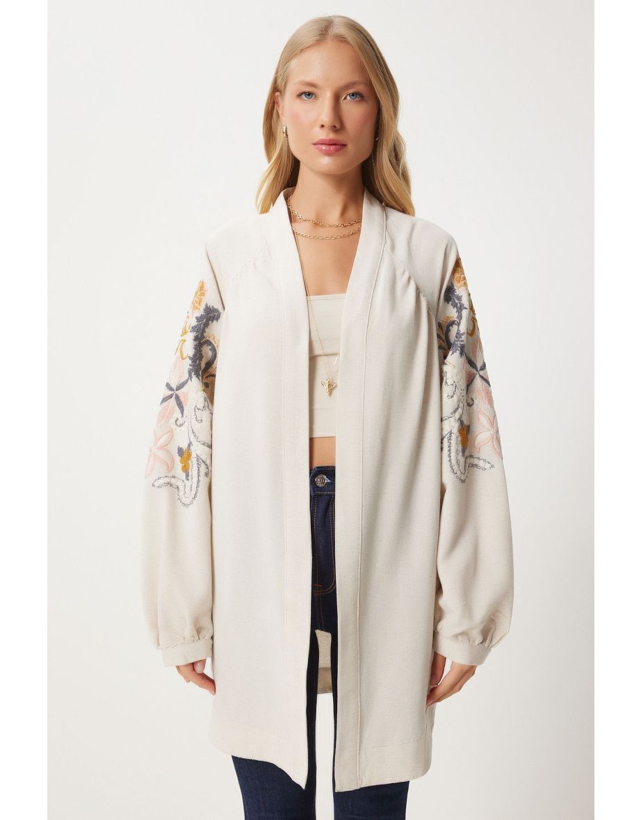 Women's Cream Orange Embroidered Linen Kimono