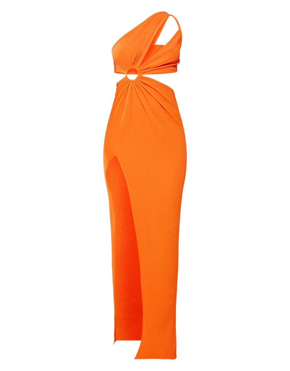Orange Textured Ring Detail Cut Out One Shoulder Maxi Dress - 4
