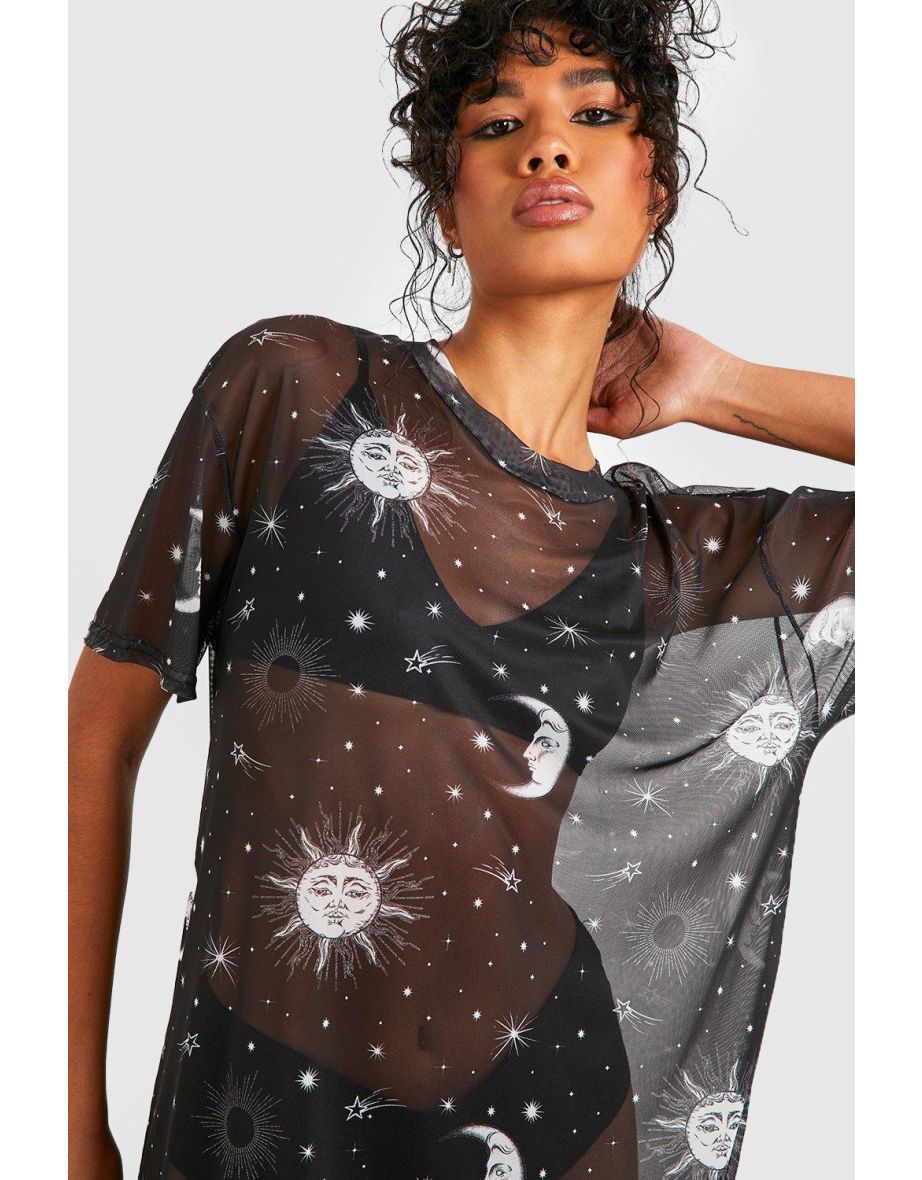 Halloween Sun & Moon Mesh T-shirt Dress - black - 3