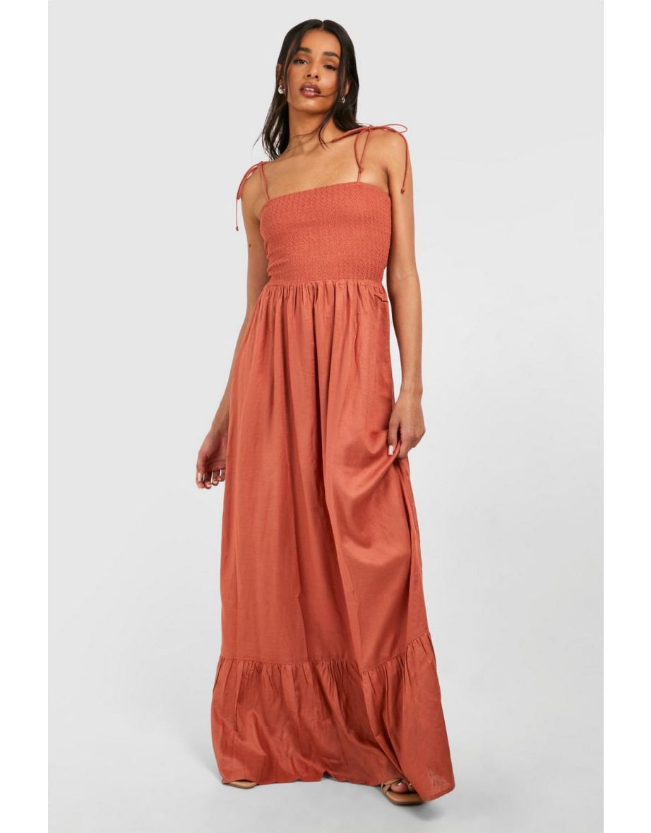 Shop Tall Shirred Bardot Maxi Dress terracotta Online in Oman VogaCloset