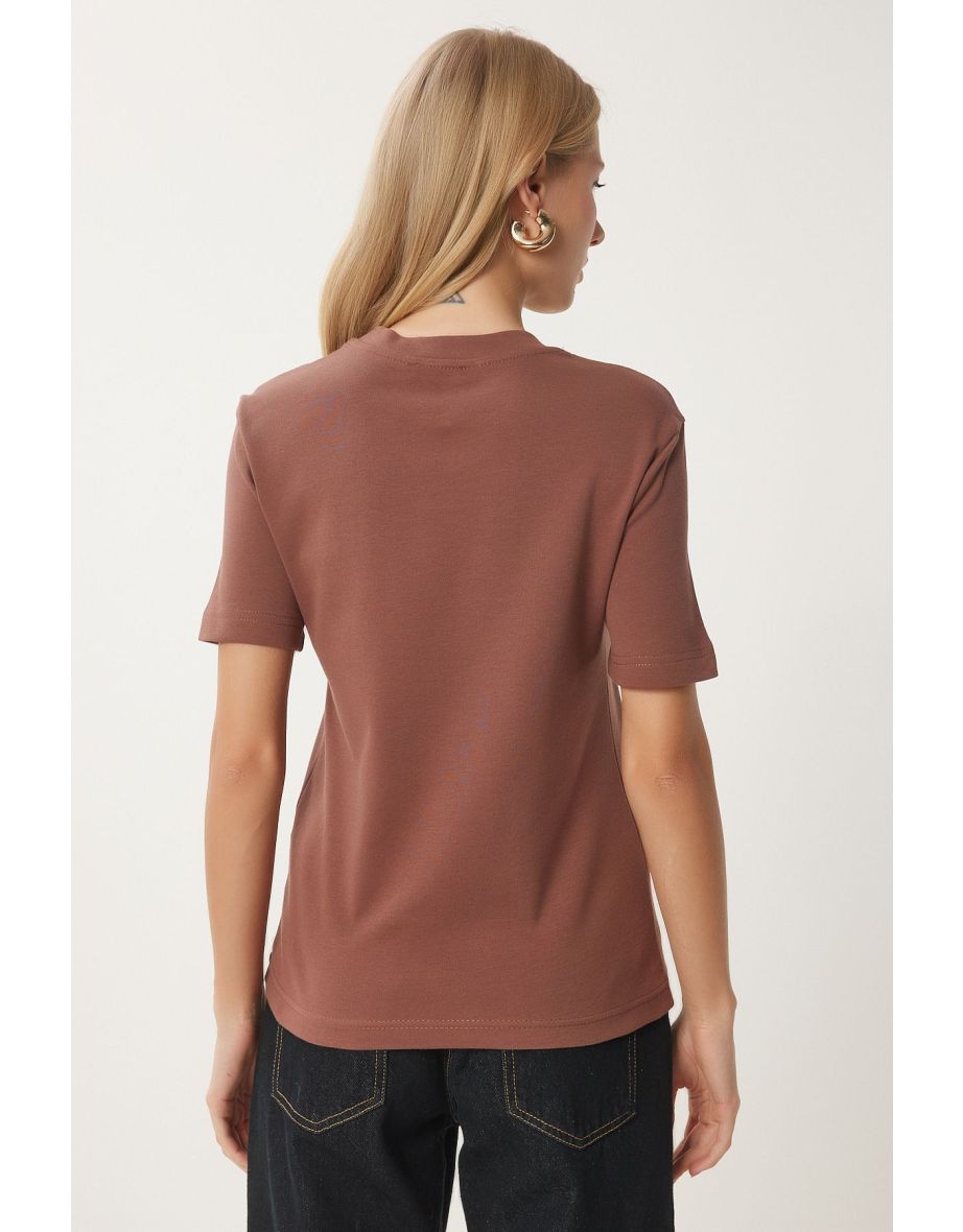 Women's Brown Cotton Basic Knitted T-Shirt - 5