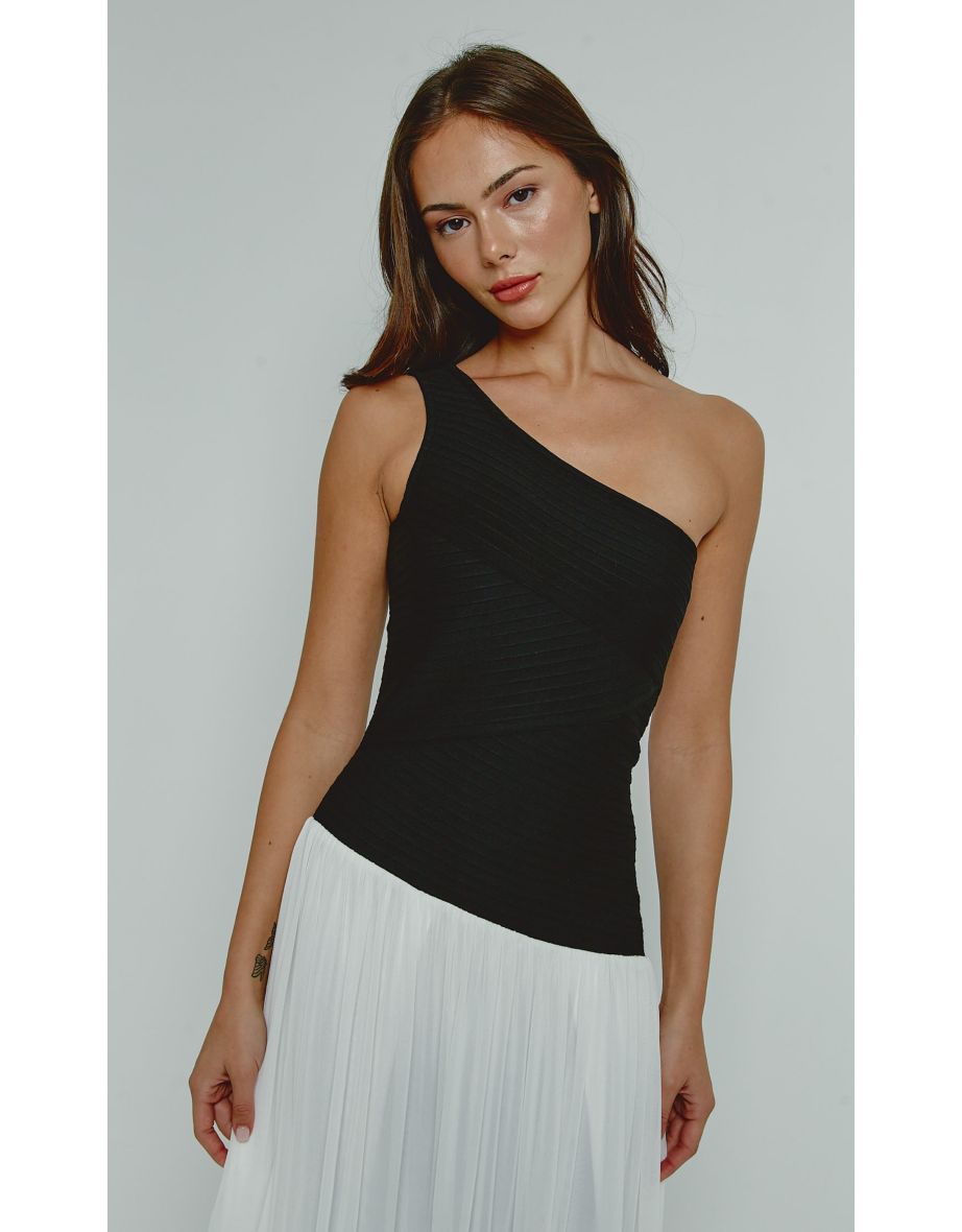 Black & White Bandage One-Shoulder Maxi Dress - 2