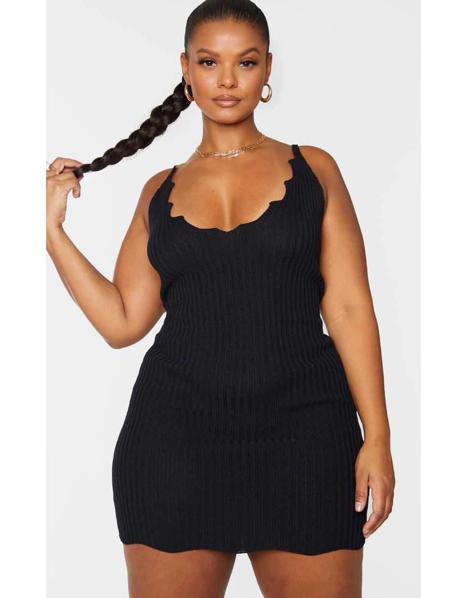 Plus Black Knit Scallop Edge Detail Bodycon Dress