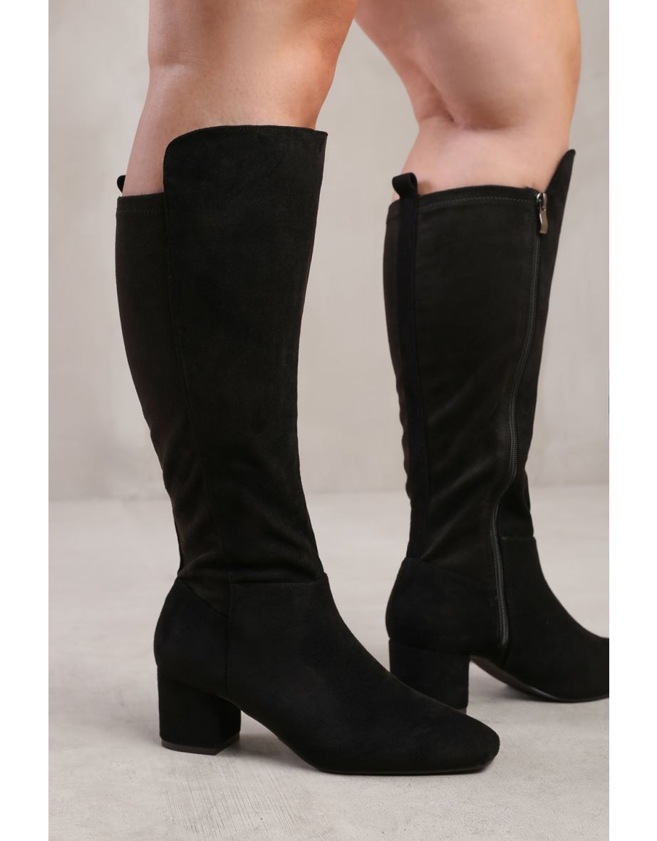 BEAU STRETCH WIDE CALF BLOCK HEEL KNEE HIGH BOOTS WITH SIDE ZIP IN WIDE E FIT IN BLACK SUEDE - 3