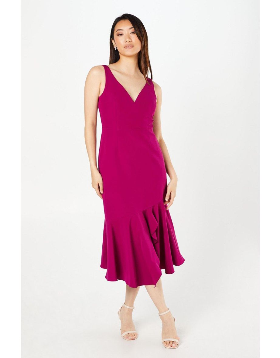 V Neck Sleeveless Peplum Hem Crepe Midi Dress