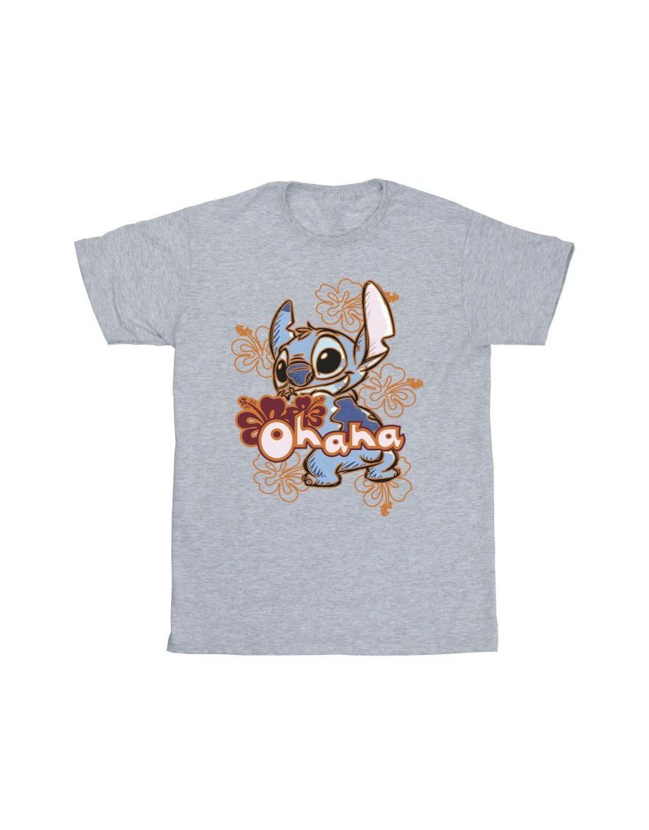 Disney Mens Lilo And Stitch Ohana Orange Hibiscus T-Shirt - Sports Grey