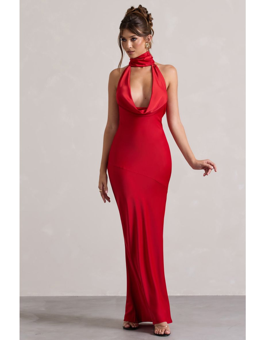 Matea | Red Satin Cowl-Neck Maxi Dress - 4