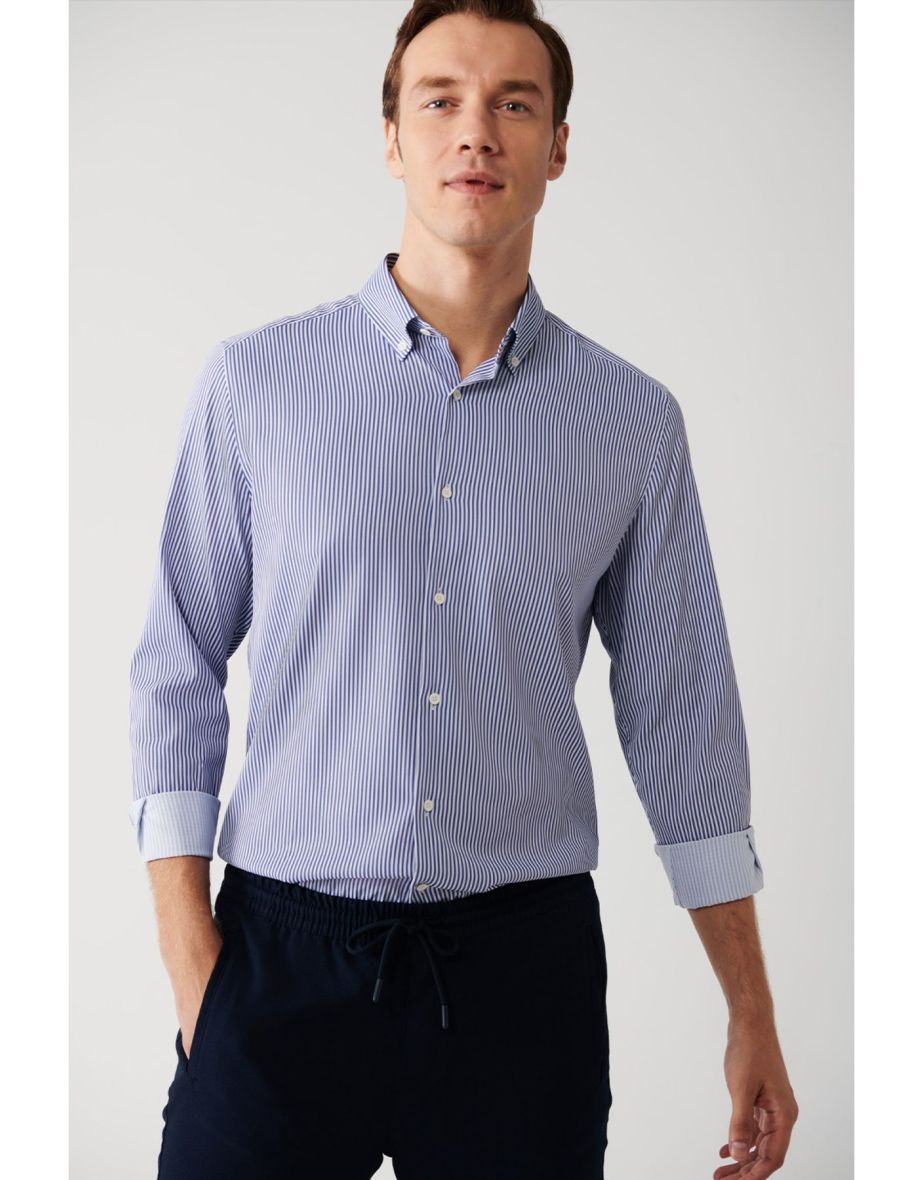 Men's Navy Blue Striped Non-Wrinkle Travel Shirt