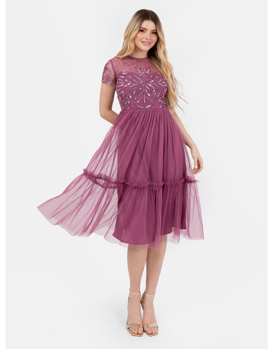 Maya Purple Embellished Short Sleeve Midi Dress