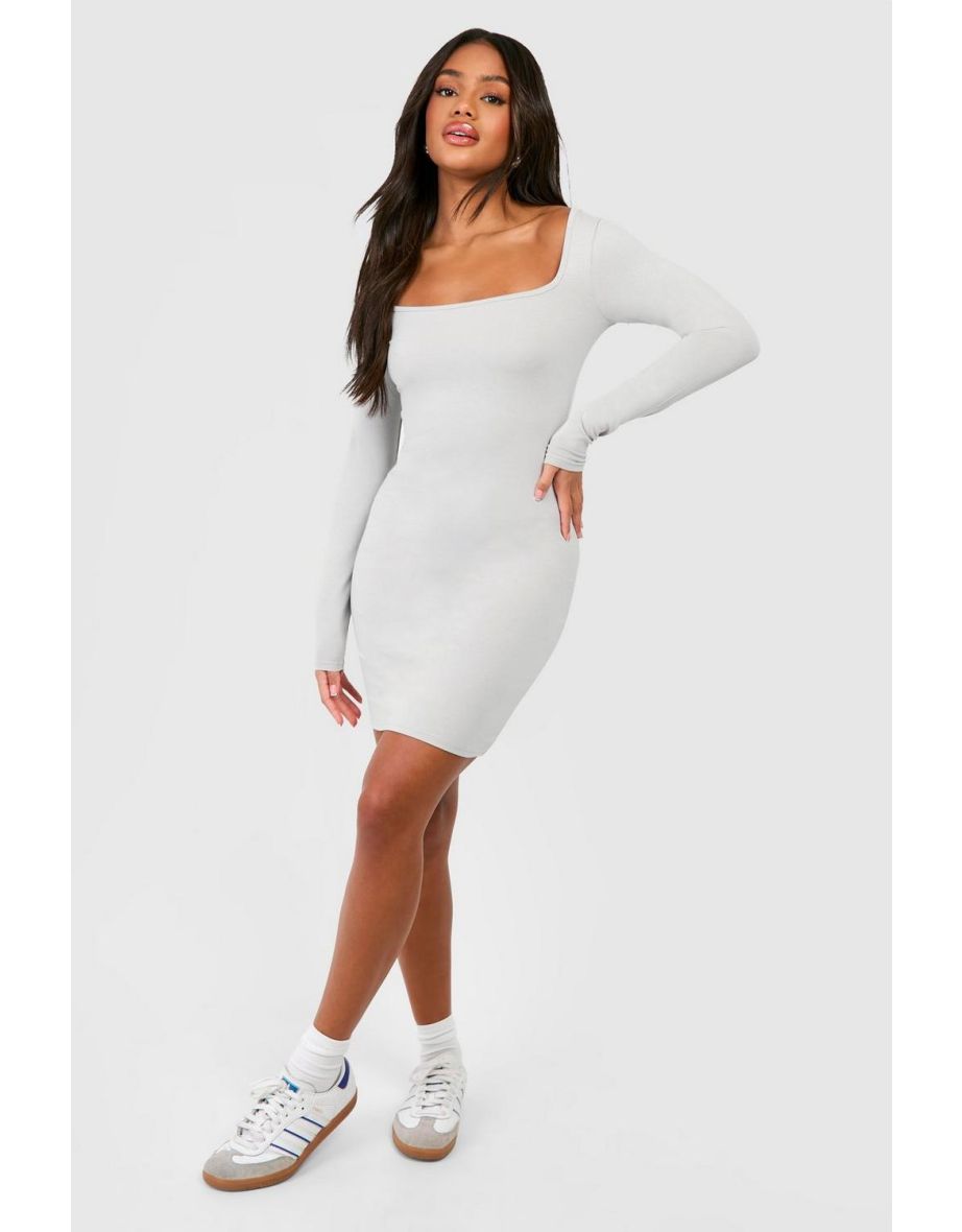 Square Neck Long Sleeve Bodycon Dress - grey