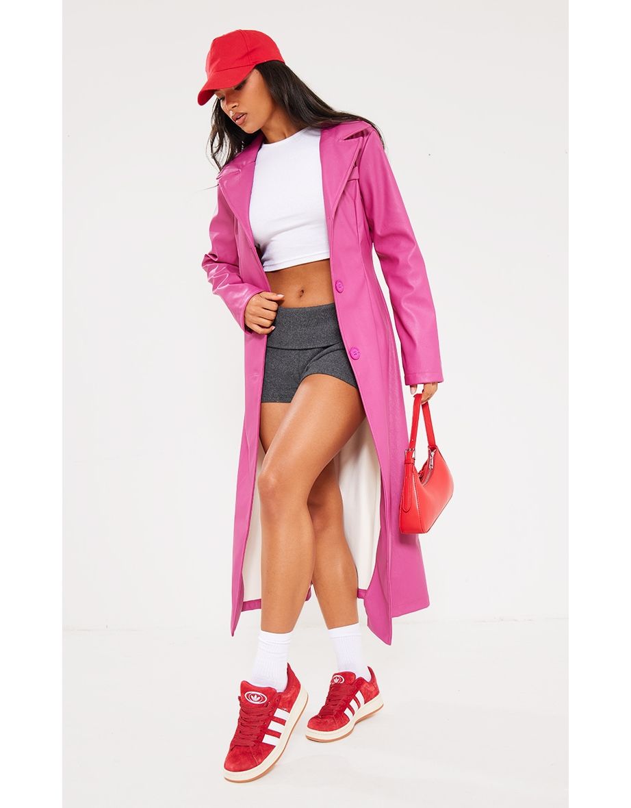 Shop Dark Pink Faux Leather Button Up Trench Coat Online in Bahrain VogaCloset