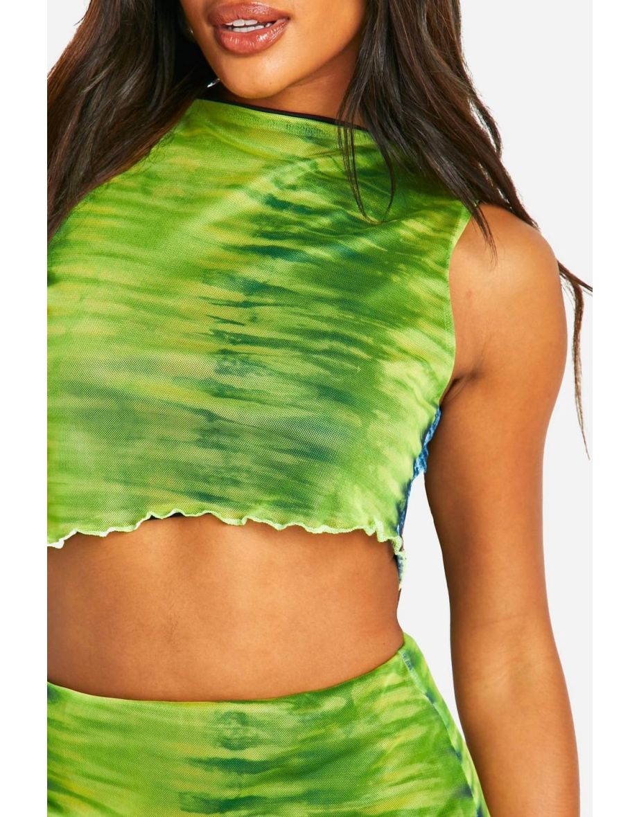 Asymmetric Printed Slash Neck Top - green - 3
