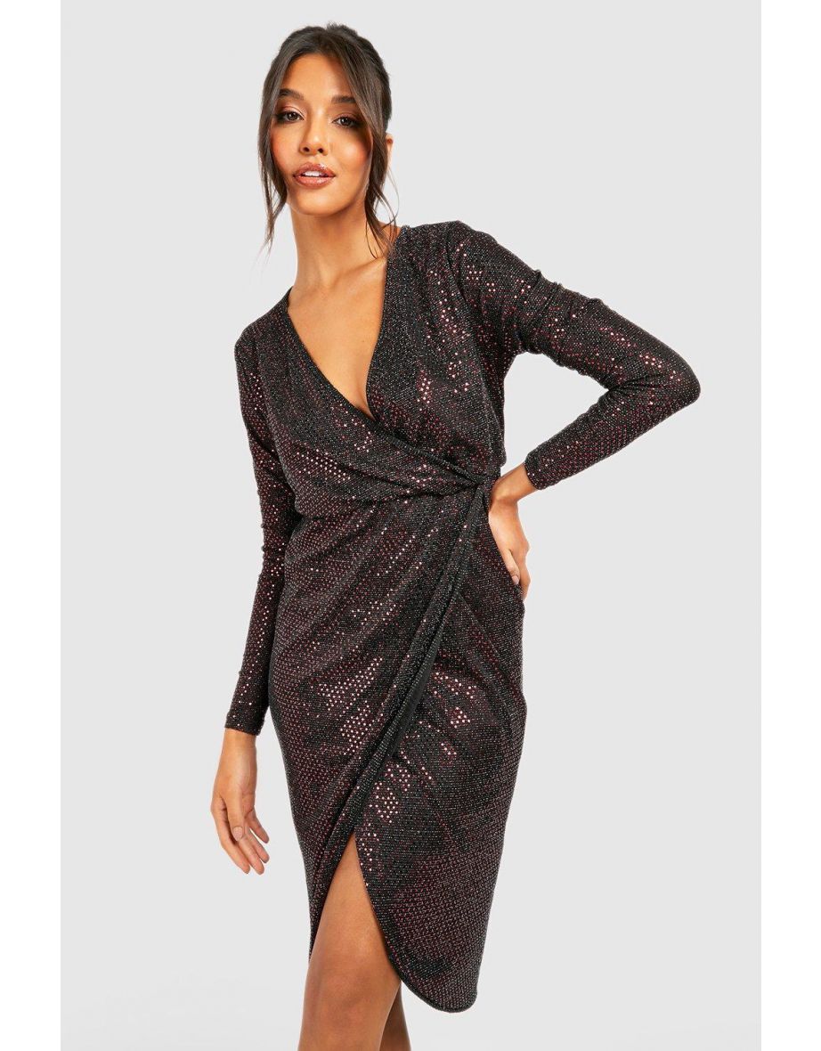 Sequin Wrap Plunge Midi Party Dress - wine - 3