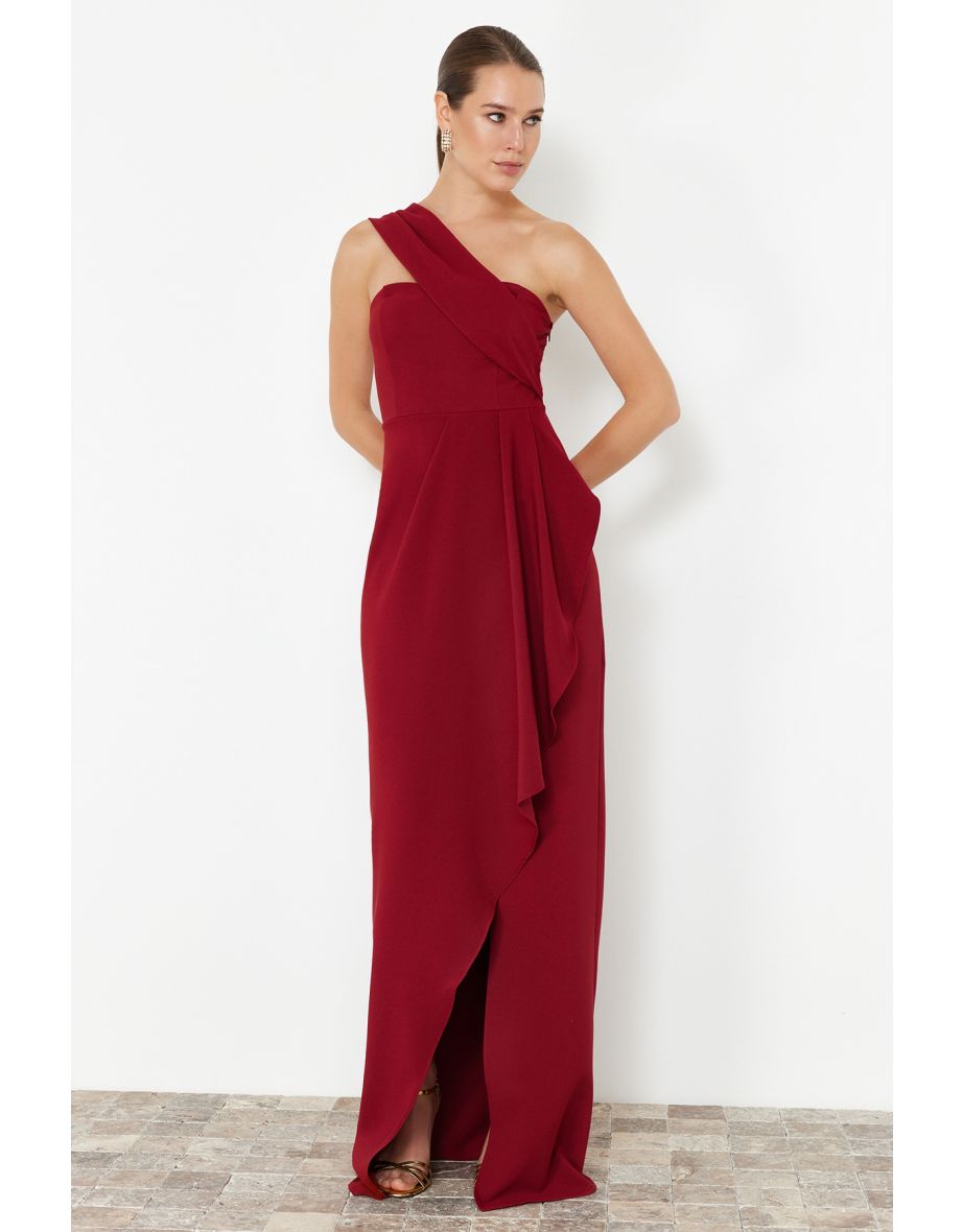 Burgundy Flounce Single Sleeve Woven Long Evening Dress