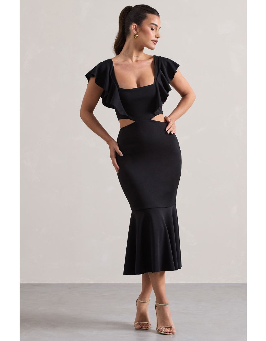 Macey | Black Square-Neck Cut-Out Ruffled Midi Dress