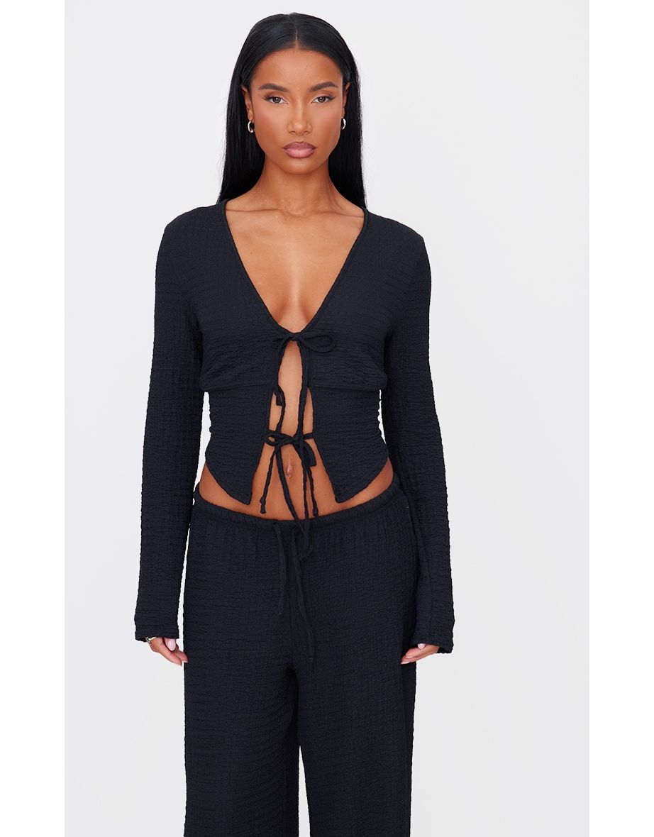 Black Textured Tie Front Waistcoat