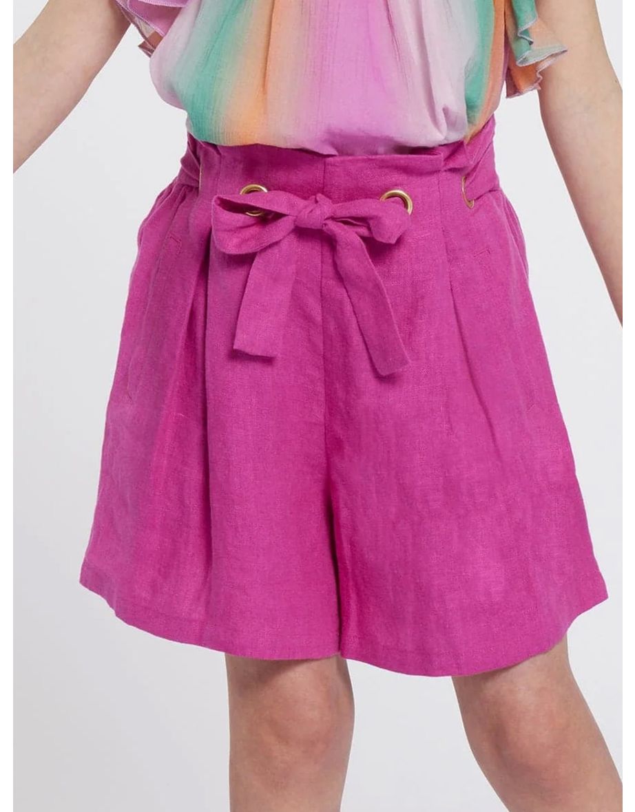 Girls Linen Belted Shorts in Pink
