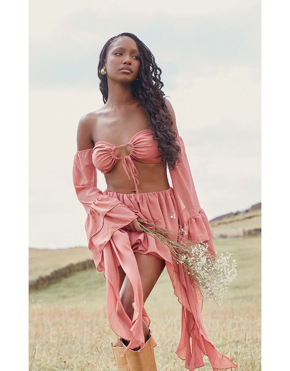 Peach Chiffon Bardot Tie Detail Long Sleeve Crop Top
