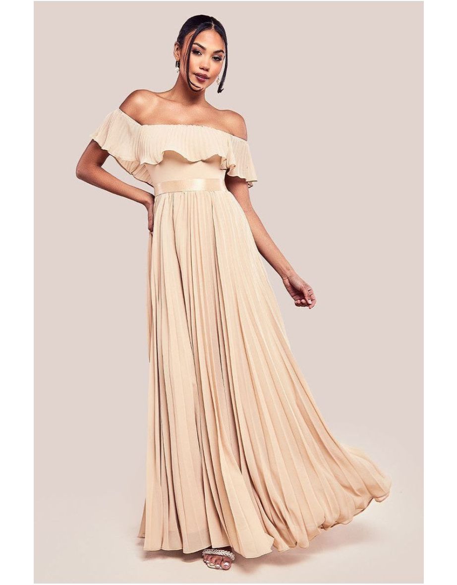 Goddiva Pleated Chiffon Off Shoulder Floor Dress - Beige