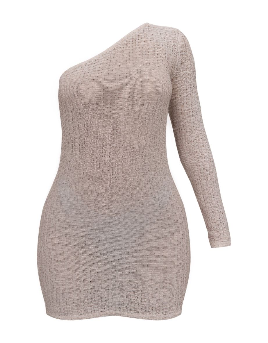Petite Beige Distressed One Shoulder Mini Dress - 4