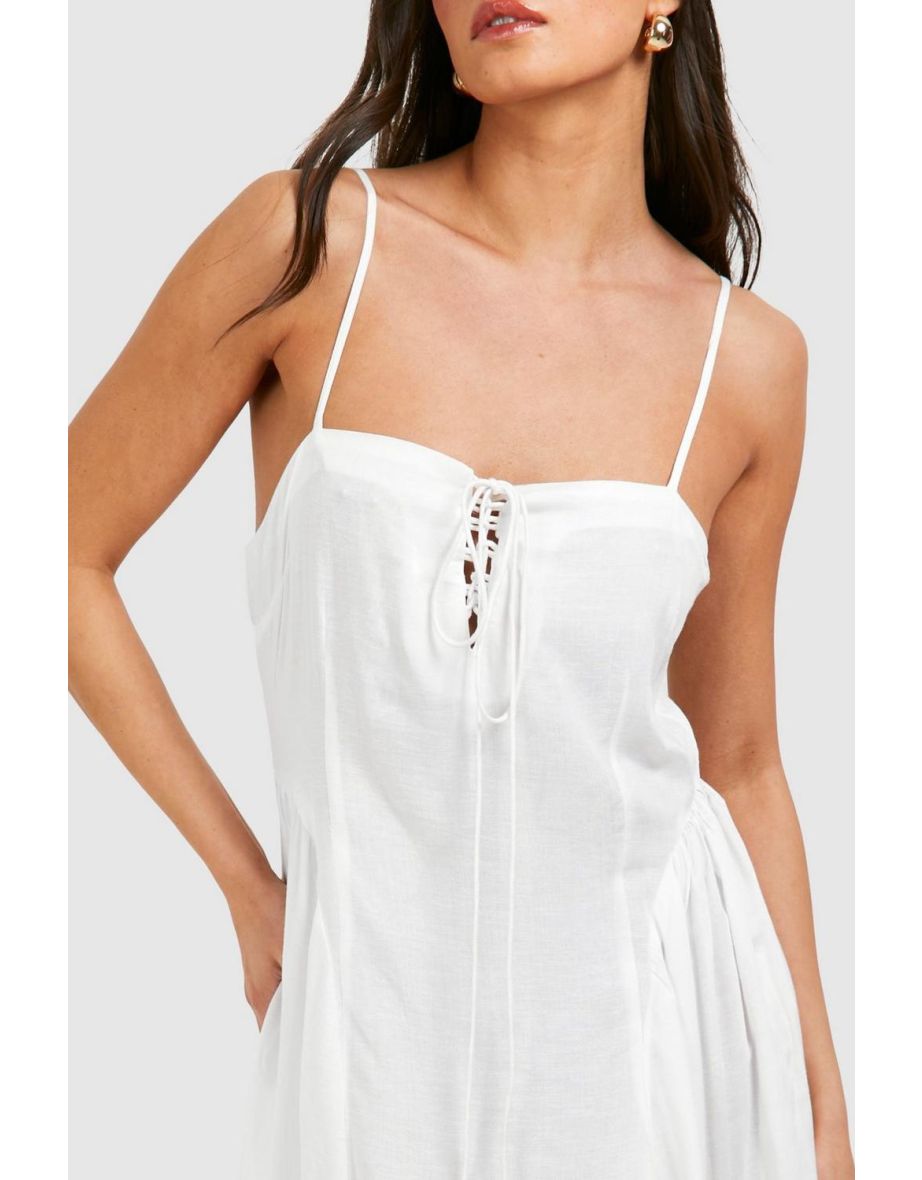 Linen Tie Front Milkmaid Midaxi Dress - white - 3