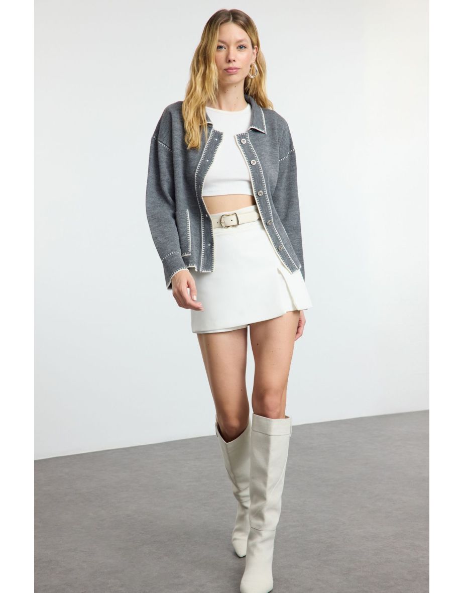 Anthracite Color Block Polo Neck Knitted Cardigan