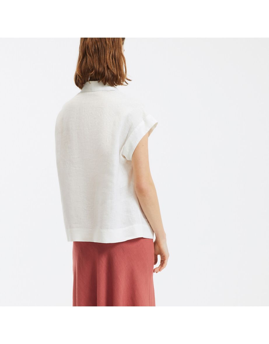 Linen Sleeveless Shirt with Gathered Shoulders - 3