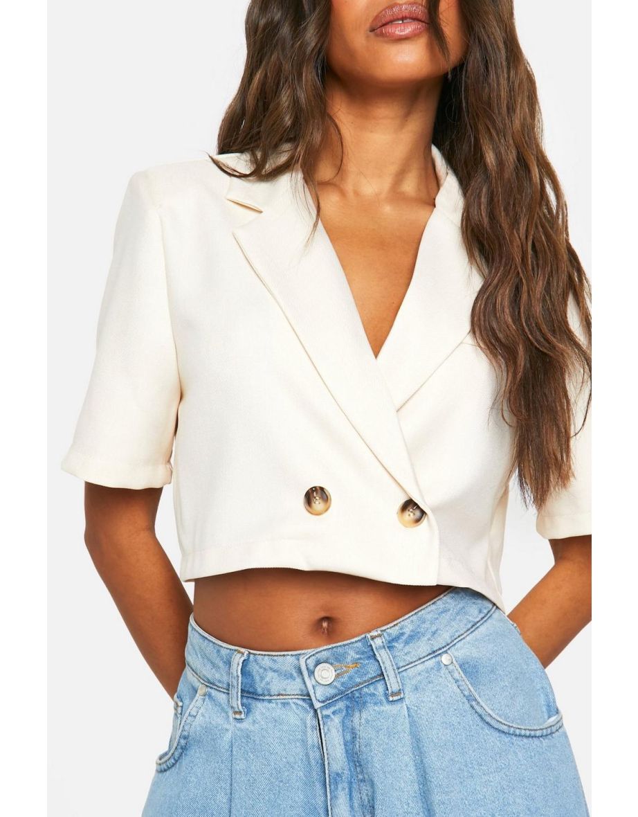 Textured Linen Look Cropped Blazer - cream - 3